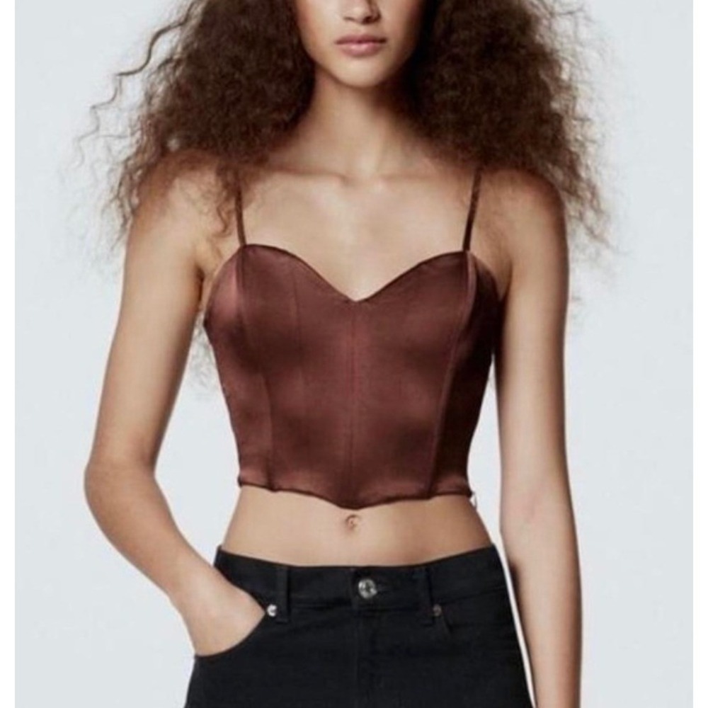 Brown Satin Corset Style Cropped Tank Top Spaghetti Straps